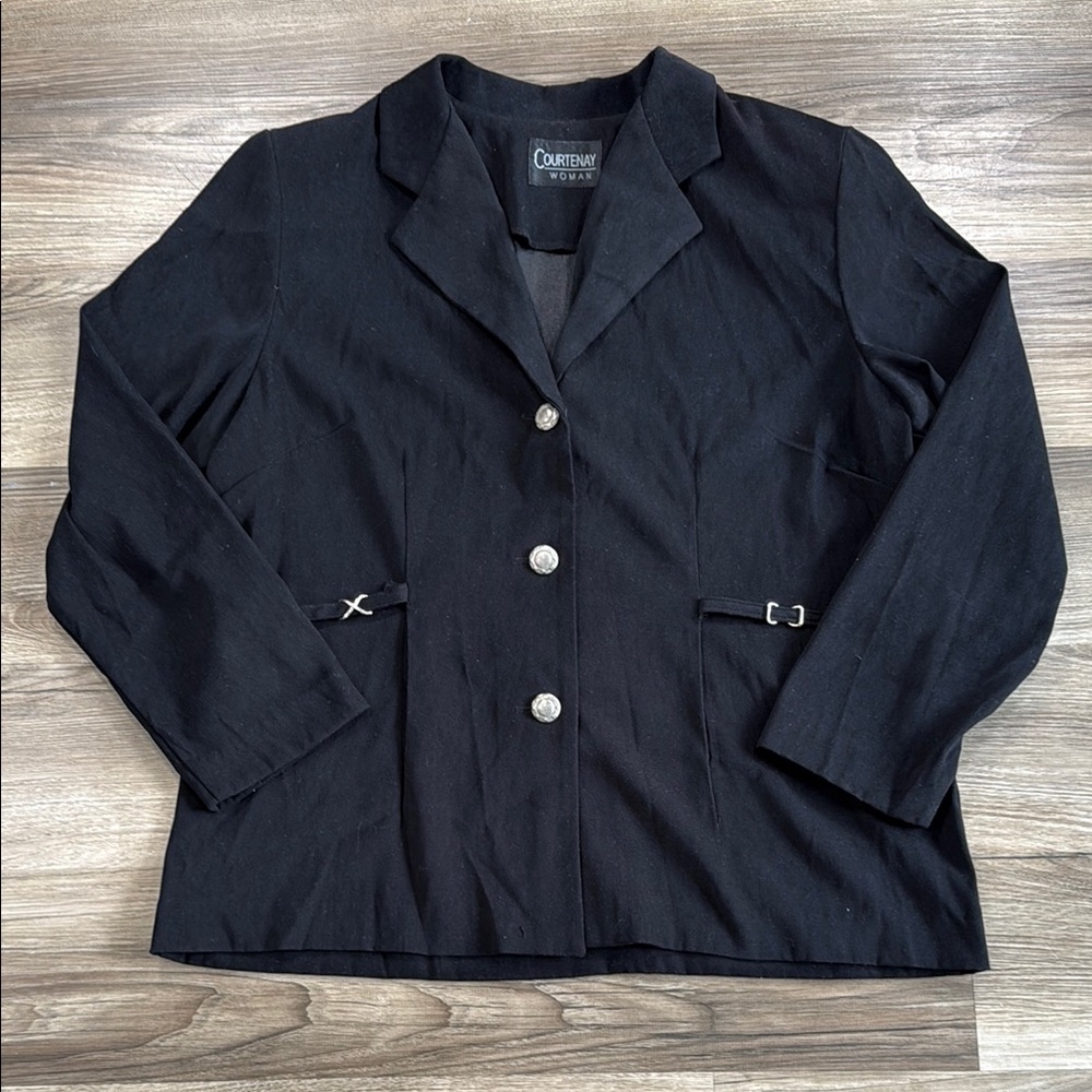 Vintage Courtenay Womens Large Career Blazer Black Silver Buttons 90s Minimalist